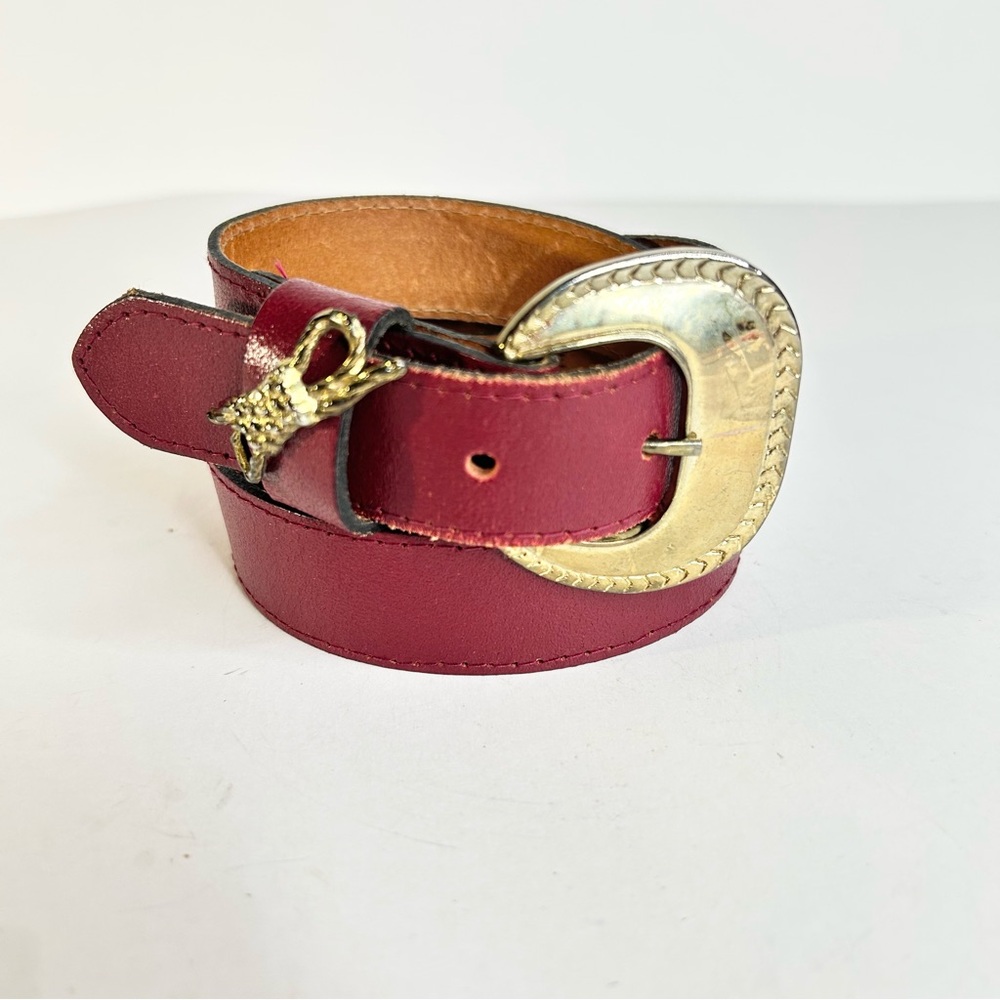 Vintage Burgundy Leather Belt Gold Buckle